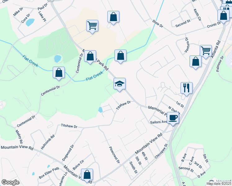 map of restaurants, bars, coffee shops, grocery stores, and more near 2150 Memorial Park Drive in Gainesville