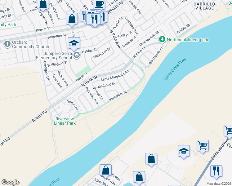 map of restaurants, bars, coffee shops, grocery stores, and more near 1783 Sespe Drive in Ventura