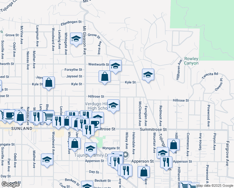 map of restaurants, bars, coffee shops, grocery stores, and more near 7625 Hillrose Street in Los Angeles