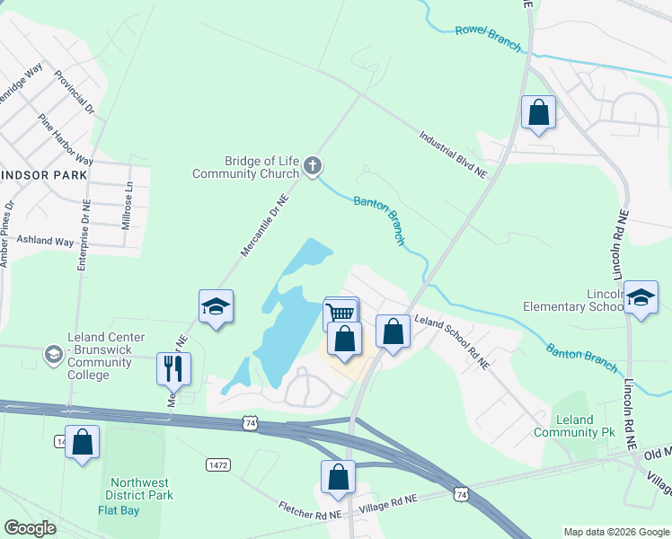 map of restaurants, bars, coffee shops, grocery stores, and more near 1789 Mount Misery Road Northeast in Leland