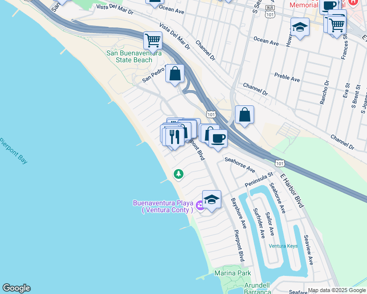 map of restaurants, bars, coffee shops, grocery stores, and more near 1076 South Seaward Avenue in Ventura