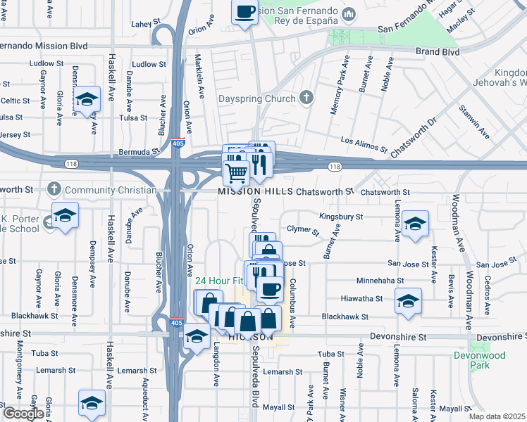 map of restaurants, bars, coffee shops, grocery stores, and more near 10600 Sepulveda Boulevard in Los Angeles