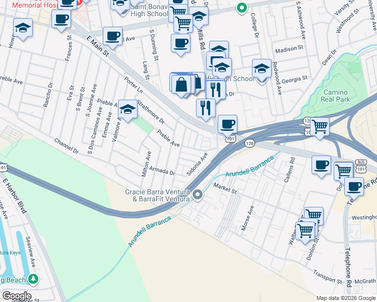 map of restaurants, bars, coffee shops, grocery stores, and more near 3362 Preble Avenue in Ventura