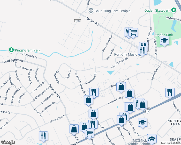 map of restaurants, bars, coffee shops, grocery stores, and more near 6601 Lupine Court in Wilmington