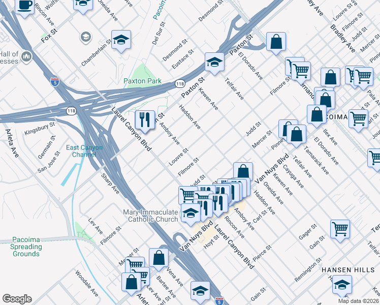 map of restaurants, bars, coffee shops, grocery stores, and more near 10626 Amboy Avenue in Los Angeles