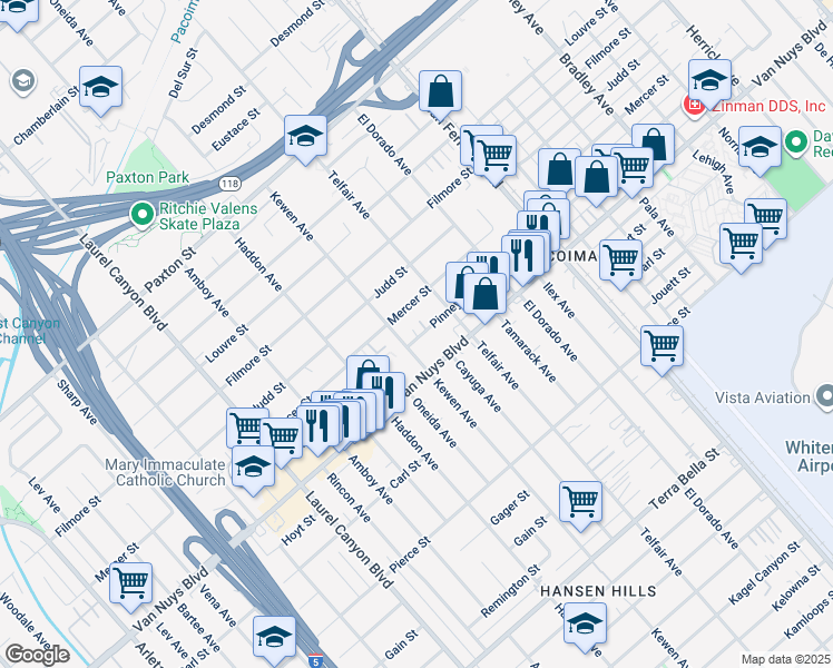 map of restaurants, bars, coffee shops, grocery stores, and more near 10631 Kewen Avenue in Los Angeles