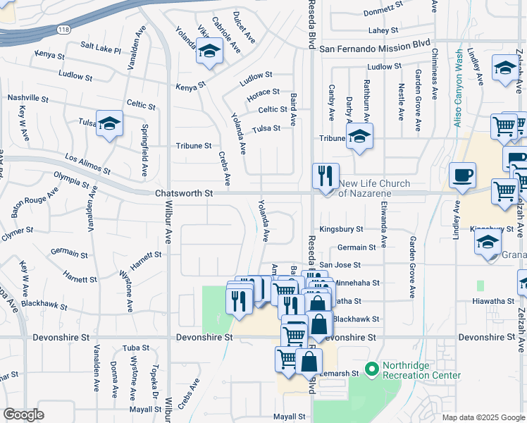 map of restaurants, bars, coffee shops, grocery stores, and more near 10609 Yolanda Avenue in Los Angeles