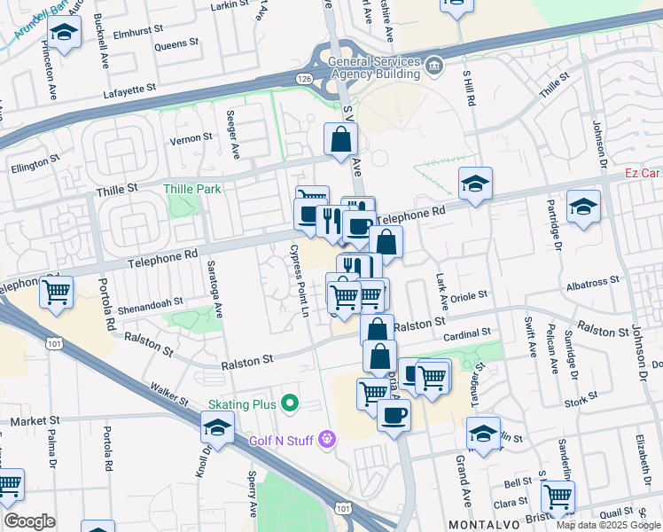 map of restaurants, bars, coffee shops, grocery stores, and more near 1253 Seacliff Court in Ventura