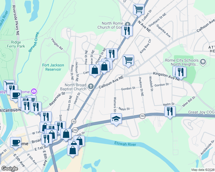 map of restaurants, bars, coffee shops, grocery stores, and more near 309 Grady Avenue Northeast in Rome