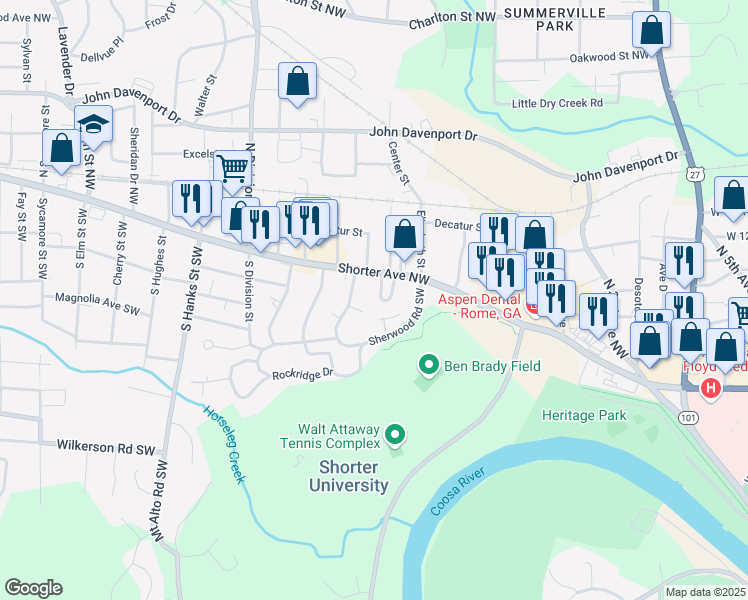 map of restaurants, bars, coffee shops, grocery stores, and more near 2 Pinewood Terrace Southwest in Rome