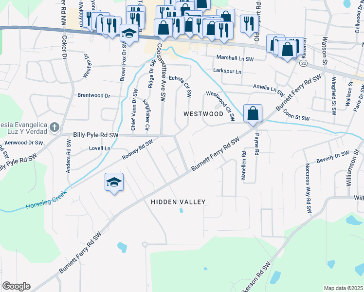 map of restaurants, bars, coffee shops, grocery stores, and more near 16 Billy Pyle Road Southwest in Rome