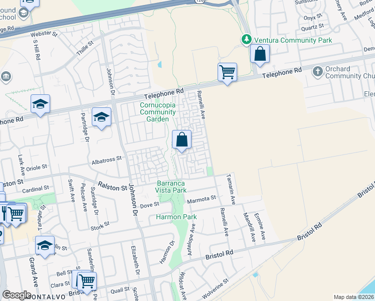 map of restaurants, bars, coffee shops, grocery stores, and more near 1622 Tapir Circle in Ventura