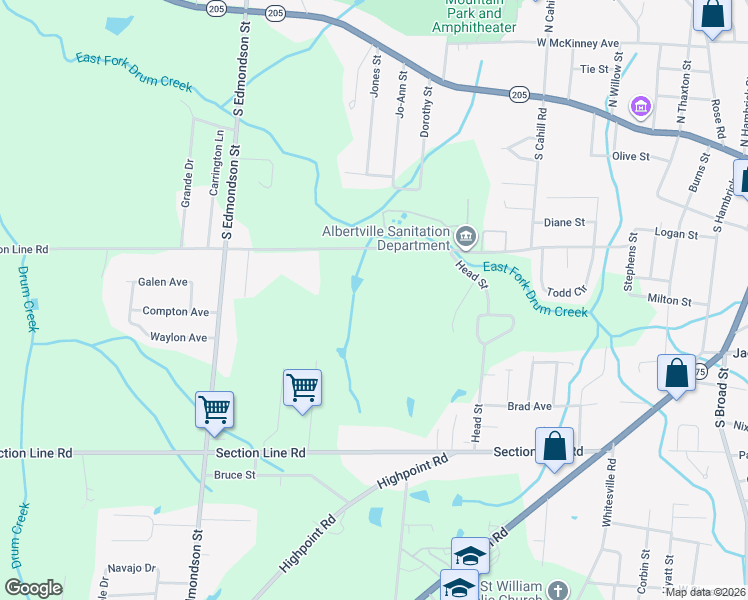 map of restaurants, bars, coffee shops, grocery stores, and more near 802 Half Section Line Road in Albertville
