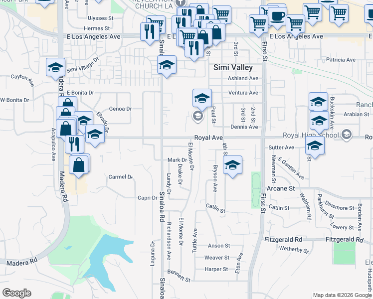 map of restaurants, bars, coffee shops, grocery stores, and more near 582 El Lado Drive in Simi Valley