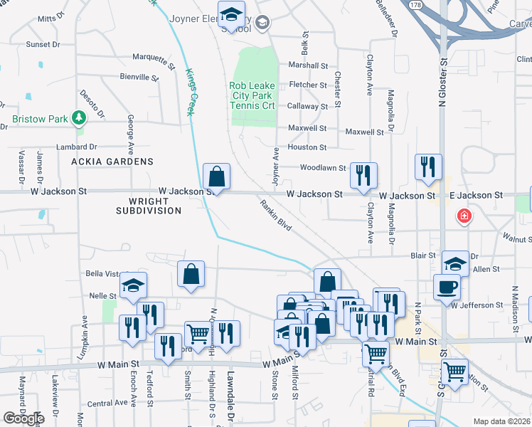 map of restaurants, bars, coffee shops, grocery stores, and more near 324 Rankin Boulevard in Tupelo