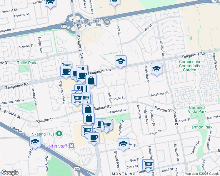map of restaurants, bars, coffee shops, grocery stores, and more near 1351 Egret Avenue in Ventura