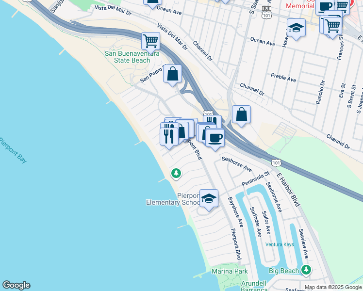map of restaurants, bars, coffee shops, grocery stores, and more near 1072 South Seaward Avenue in Ventura