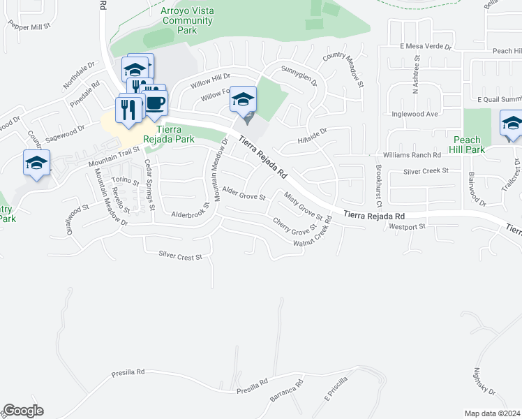 map of restaurants, bars, coffee shops, grocery stores, and more near 12267 Cherry Grove Street in Moorpark