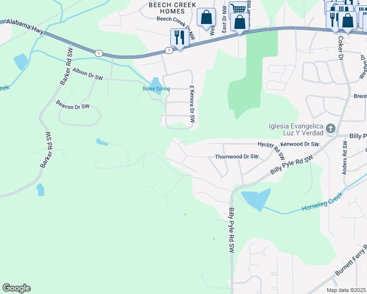 map of restaurants, bars, coffee shops, grocery stores, and more near 120 Thornwood Drive Southwest in Rome
