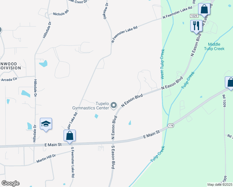 map of restaurants, bars, coffee shops, grocery stores, and more near 285 North Eason Boulevard in Tupelo