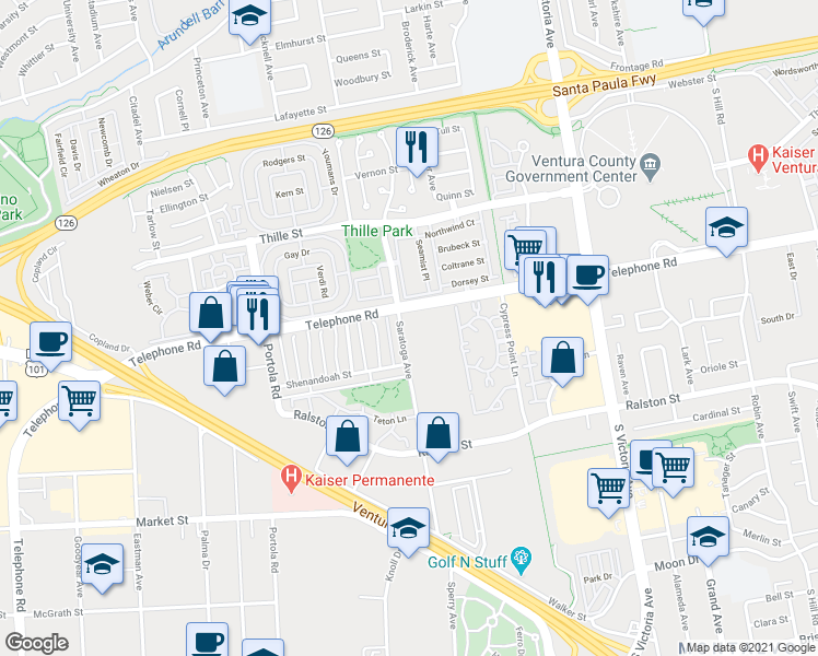 map of restaurants, bars, coffee shops, grocery stores, and more near 1300 Saratoga Avenue in Ventura