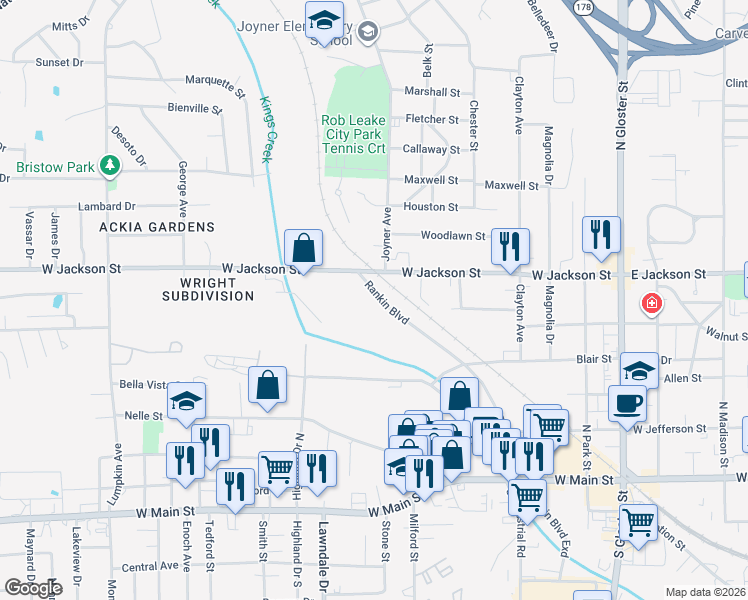 map of restaurants, bars, coffee shops, grocery stores, and more near 324 Rankin Boulevard in Tupelo