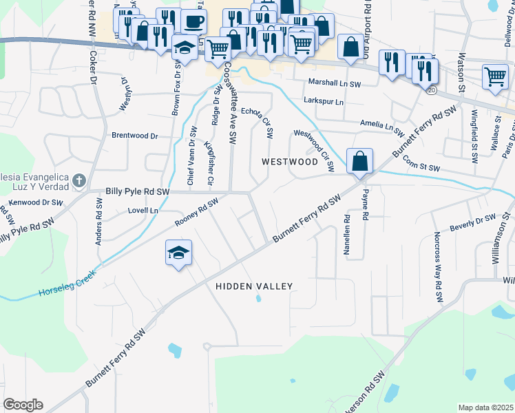map of restaurants, bars, coffee shops, grocery stores, and more near 16 Billy Pyle Road Southwest in Rome