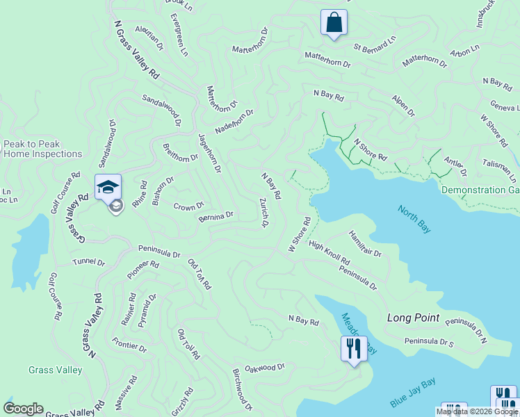 map of restaurants, bars, coffee shops, grocery stores, and more near 762 Zurich Drive in Lake Arrowhead