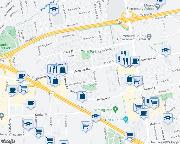 map of restaurants, bars, coffee shops, grocery stores, and more near 1132 Carlsbad Place in Ventura