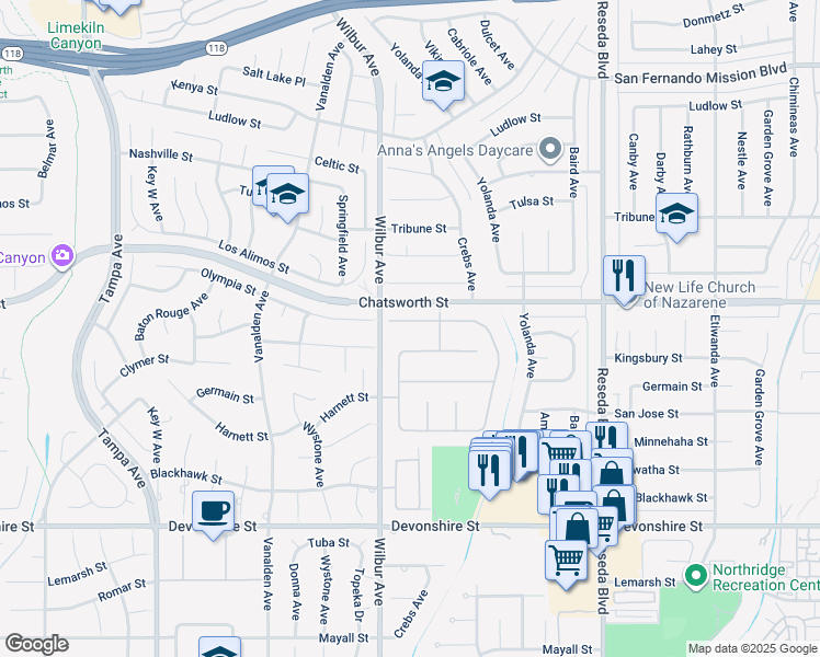 map of restaurants, bars, coffee shops, grocery stores, and more near 18830 Beechtree Lane in Los Angeles