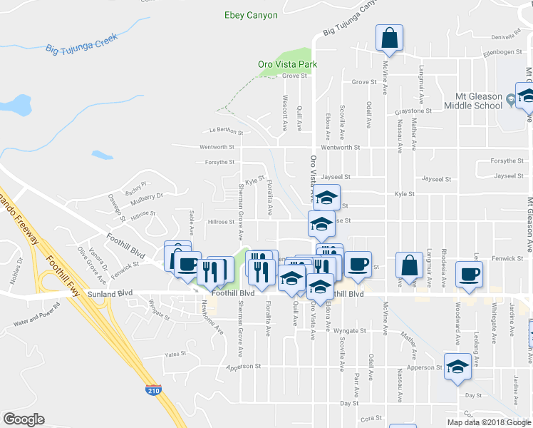 map of restaurants, bars, coffee shops, grocery stores, and more near 10709 Floralita Avenue in Los Angeles