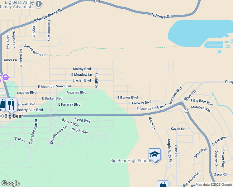 map of restaurants, bars, coffee shops, grocery stores, and more near 820 East Barker Boulevard in Big Bear