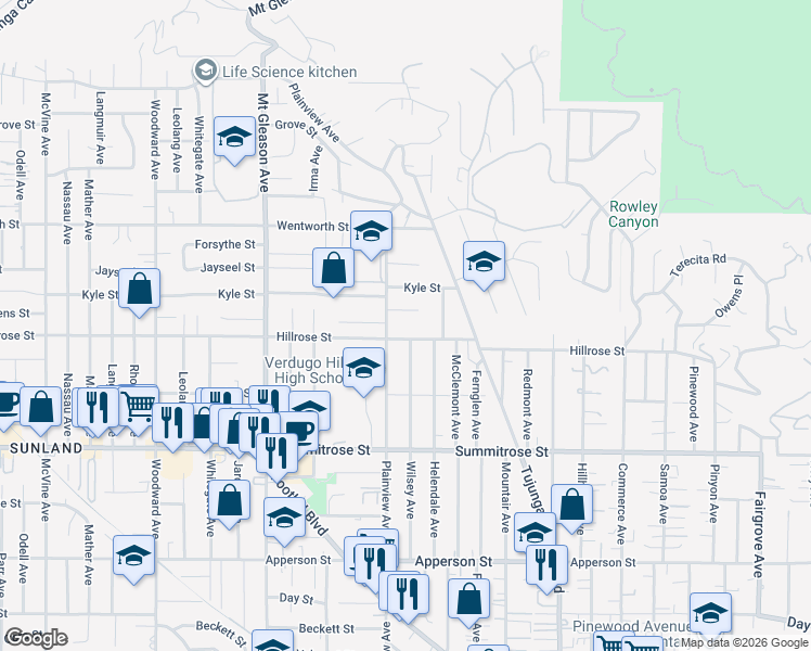 map of restaurants, bars, coffee shops, grocery stores, and more near 7541 Hillrose Street in Los Angeles