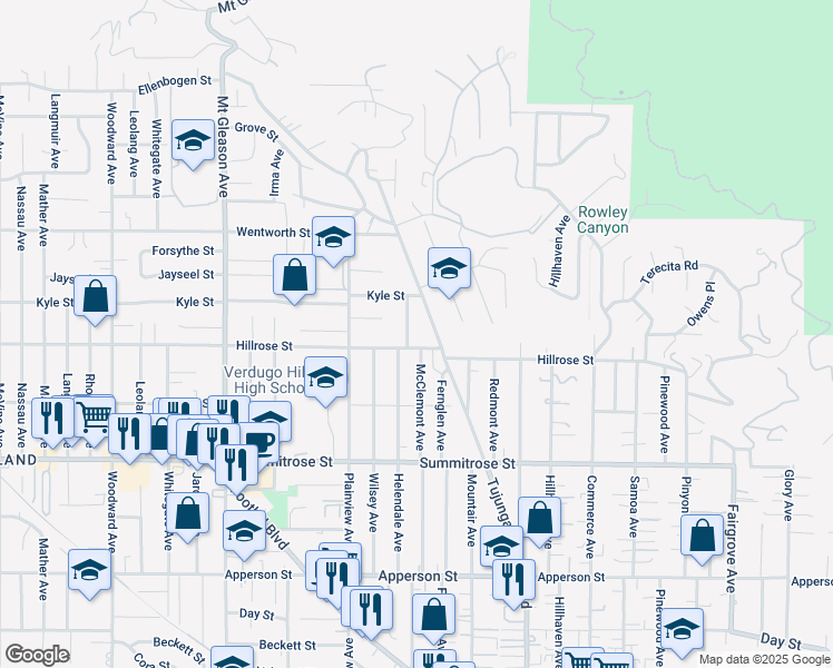 map of restaurants, bars, coffee shops, grocery stores, and more near 10710 Helendale Avenue in Los Angeles