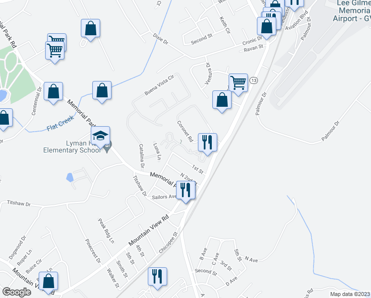 map of restaurants, bars, coffee shops, grocery stores, and more near 1904 Coloums Drive in Gainesville