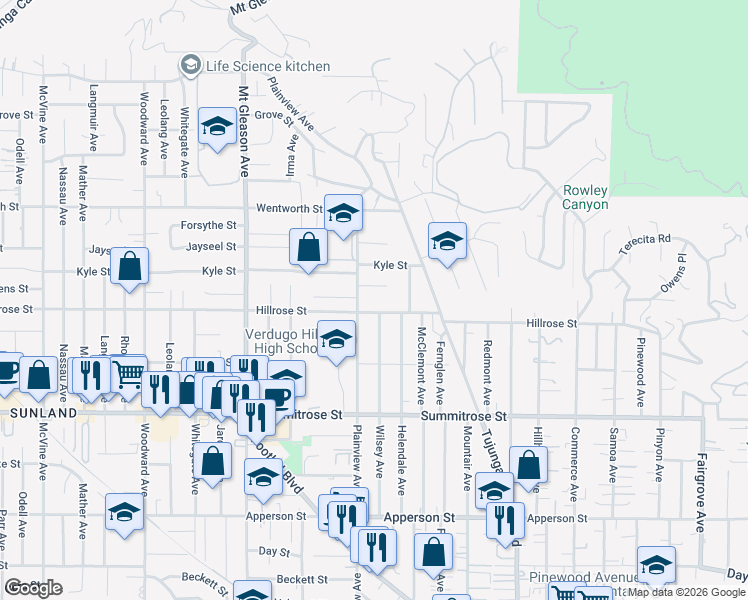 map of restaurants, bars, coffee shops, grocery stores, and more near 7541 Hillrose Street in Los Angeles
