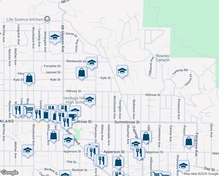 map of restaurants, bars, coffee shops, grocery stores, and more near 10667 Helendale Avenue in Los Angeles