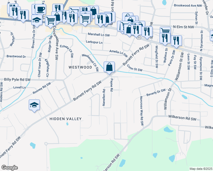 map of restaurants, bars, coffee shops, grocery stores, and more near 102 Payne Road Southwest in Rome