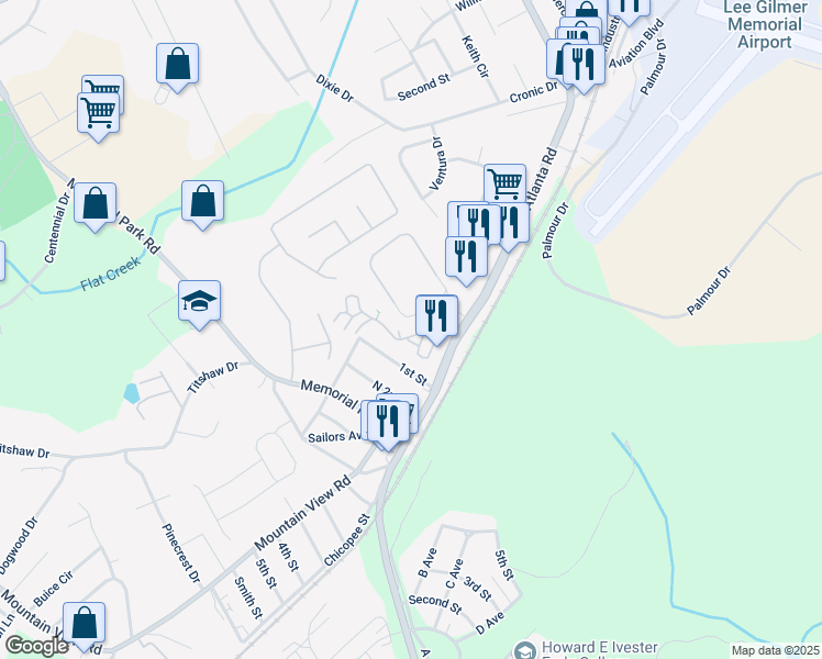 map of restaurants, bars, coffee shops, grocery stores, and more near 2100 Coloums Drive in Gainesville