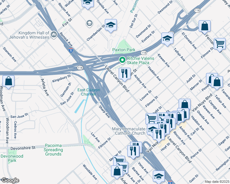 map of restaurants, bars, coffee shops, grocery stores, and more near 14040 Paxton Street in Los Angeles