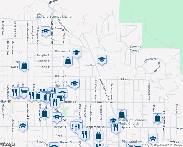 map of restaurants, bars, coffee shops, grocery stores, and more near 10667 Helendale Avenue in Los Angeles