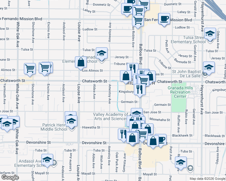 map of restaurants, bars, coffee shops, grocery stores, and more near 10620 Amestoy Avenue in Los Angeles