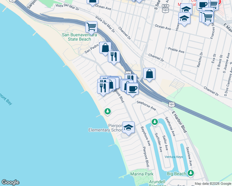 map of restaurants, bars, coffee shops, grocery stores, and more near 1115 Pittsfield Lane in Ventura