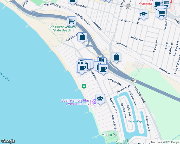 map of restaurants, bars, coffee shops, grocery stores, and more near 1115 Pittsfield Lane in Ventura
