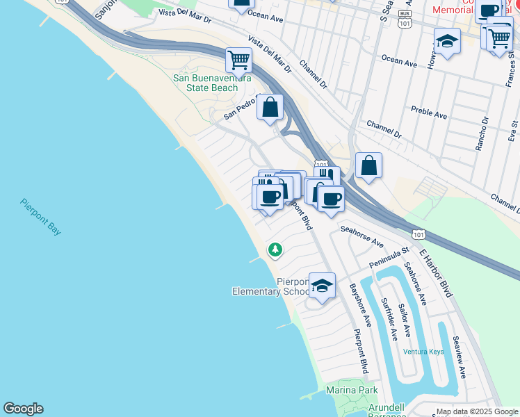 map of restaurants, bars, coffee shops, grocery stores, and more near 1175 South Seaward Avenue in Ventura