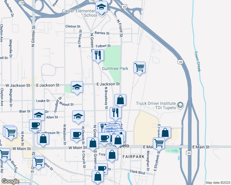 map of restaurants, bars, coffee shops, grocery stores, and more near 429-499 North Front Street in Tupelo