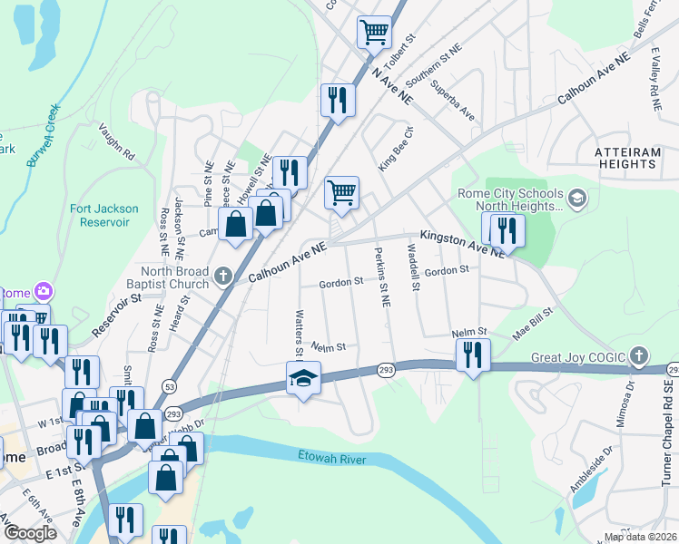 map of restaurants, bars, coffee shops, grocery stores, and more near 126 Wadsworth Street Northeast in Rome