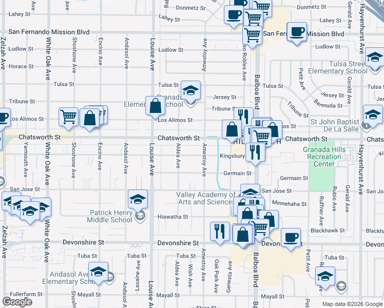 map of restaurants, bars, coffee shops, grocery stores, and more near 17161 Kingsbury Street in Los Angeles