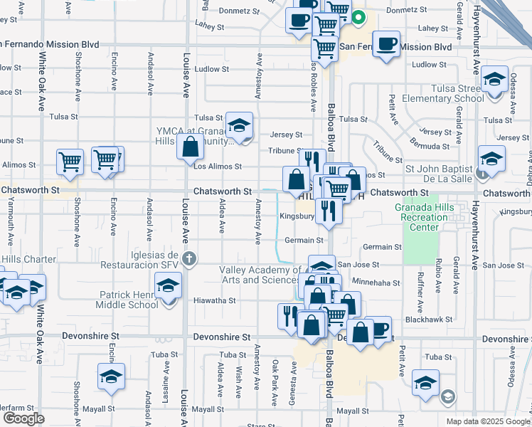 map of restaurants, bars, coffee shops, grocery stores, and more near 10620 Amestoy Avenue in Los Angeles