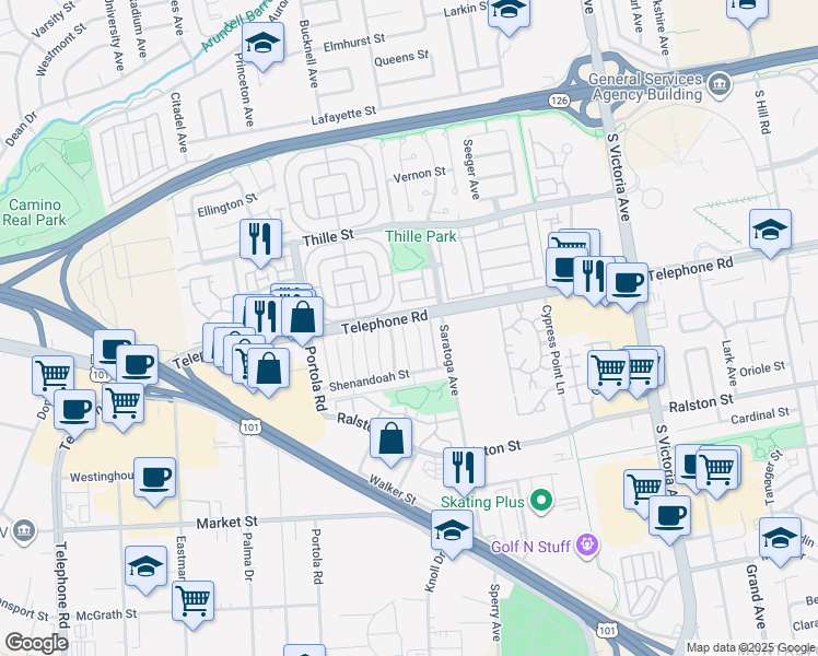 map of restaurants, bars, coffee shops, grocery stores, and more near 1123 Carlsbad Place in Ventura